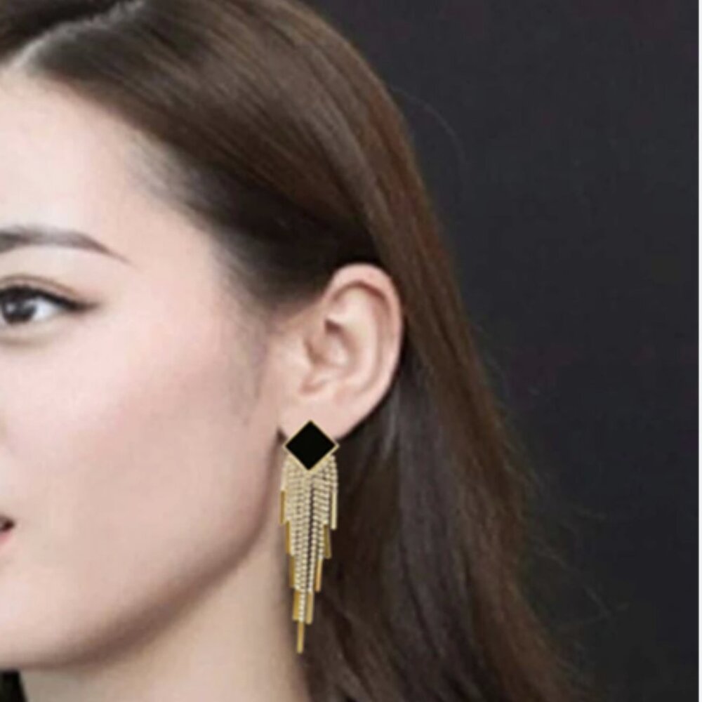 Long Earrings Crystal Drop Sparkling Earrings Black Gold - Picture 2 of 2